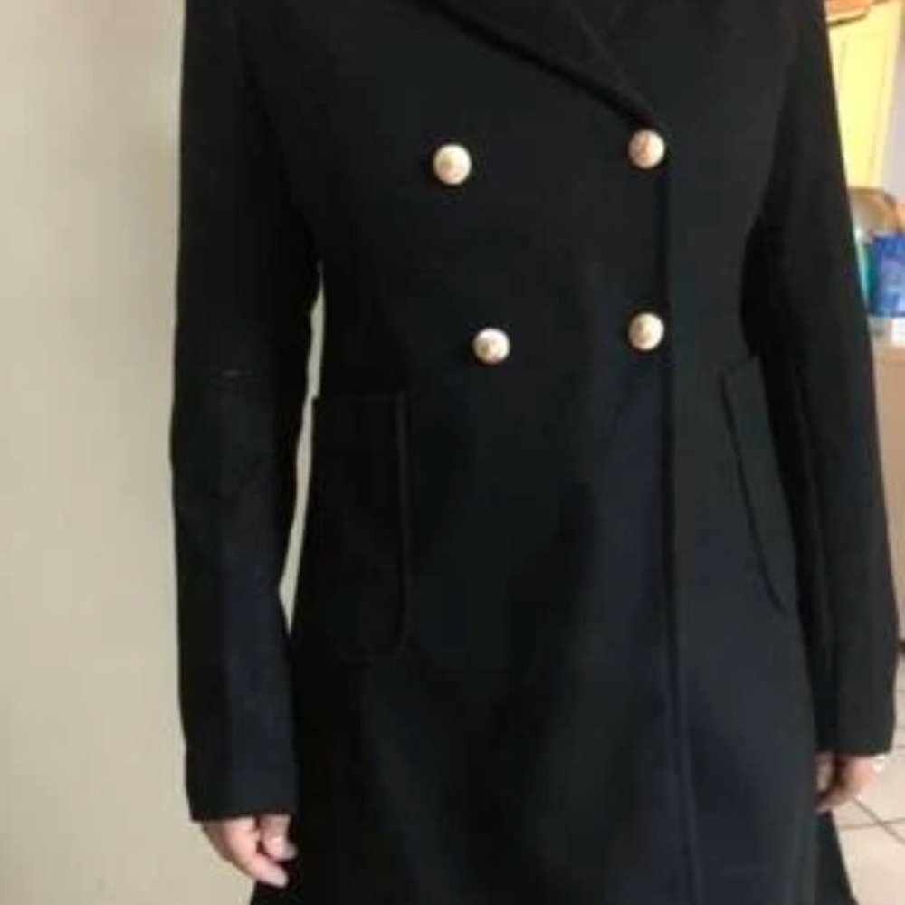 Double Breasted Lapel Collar Button Up pocketed Overcoat Black - Picture 6 of 9